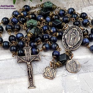 St Jude Raphael Lourdes Blue Tiger Eye Vintage Bronze Rosary