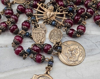 Seven Sorrows Seven Dolores Devotional Red Jade Vintage Bronze Chaplet