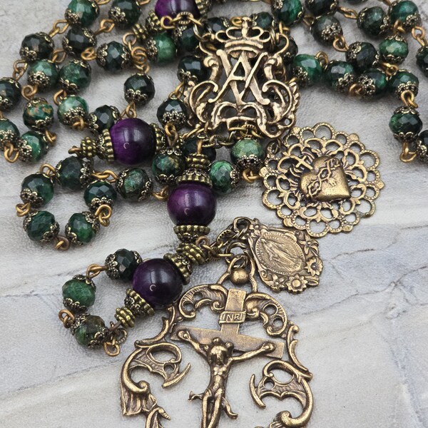 Ave Maria Sacred Heart Emerald Vintage Bronze Ornate Rosary