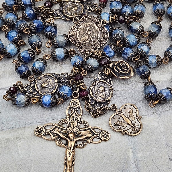 St Therese Sacred Heart Blue Kyanite Bronze Antique Style Ornate Rosary