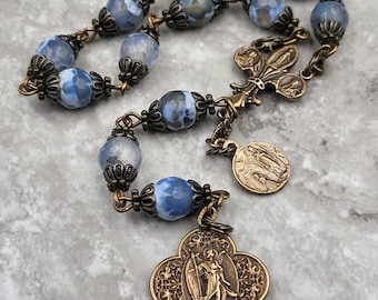 Archangel Raphael Lourdes Therese Blue Agate Bronze Antique Style Chaplet