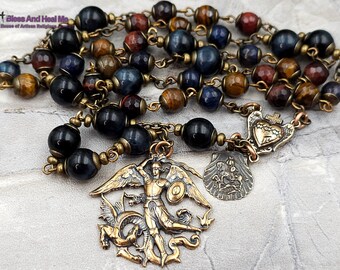 Devotional Archangel Michael St George Tiger Eye Vintage Bronze Chaplet