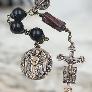 Archangel Michael & Lourdes Heirloom 3 Hail Marys Chaplet - Bronze | Black Onyx