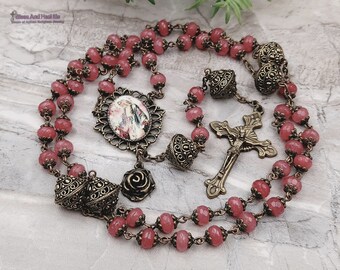 Our Lady of Grace Pink Jade Ornate Bronze Tone Rosary