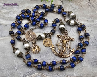 Stella Maris Anchor Crucifix Michael Nautical Blue Tiger Eye Bronze Rosary