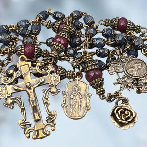 Virgin Mary, Jesus, Lourdes Heirloom Rosary | Bronze |Genuine Sapphire & Ruby