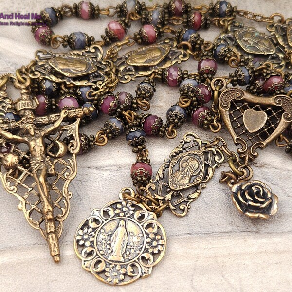 Virgin Miraculous Mary Sun Moon Genuine Sapphire Ruby Vintage Bronze Rosary