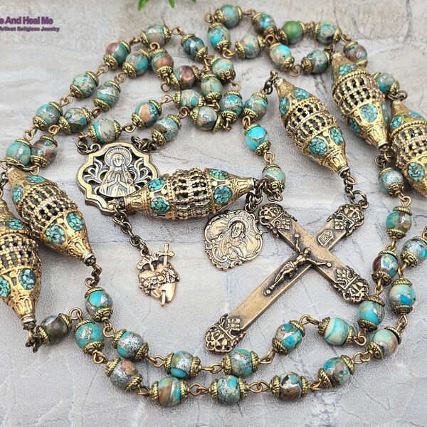 Lourdes Sacred Heart of Jesus Therese Blue Jasper Turquoise Vintag Bronze Rosary