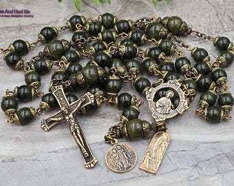 St Jude Lourdes Raphael Healing Saints Green Jade Vintage Bronze Rosary