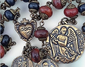 Archangel Michael Chaplet, Raphael and Gabriel, Bronze Blue Jade, 40 Beads