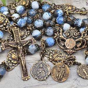 Healing Saints Lourdes, Miraculous Mary, Raphael, Jude Rosary -Bronze,Blue Agate