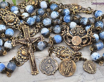 Healing Saints Lourdes, Miraculous Mary, Raphael, Jude Rosary -Bronze,Blue Agate