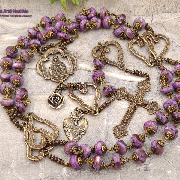 Immaculate Heart of Mary Open Heart Purple Charoite Vintage Bronze Rosary