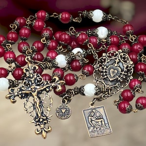 Seven Sorrows & Pieta Heirloom Rosary - Bronze | Red Quartz | Mother of Pearl
