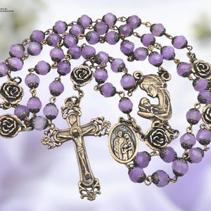 Mother Mary & Holy Family Roses Heirloom Rosary - Bronze | Lavender Jade
