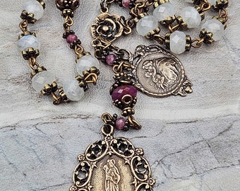 St Anne Anthony White Moonstone Pink Ruby Vintage Bronze Ornate Chaplet