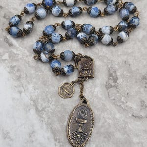 Holy Sacraments Blood of Jesus Holy Trinity Blue Agate Bronze Chaplet