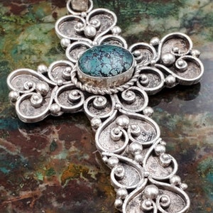Bali Sterling Silber Serpentin Verziert Pebbled Rolle Vintage Kreuz Anhänger Halskette Groß