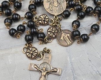 Masculine Antique-Style St. Benedict & Sacred Heart Rosary - Bronze, Black Onyx