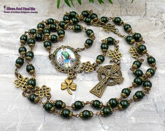 St Patrick Shamrock Irish Celtic Green Jade Bronze tone Rosary Longevity,Health, Happiness,Good luck, Prosperity