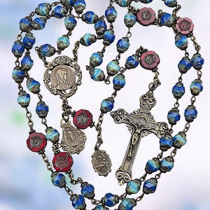 Virgin, Miraculous, Mother Mary Heirloom Rosary | Bronze| Blue Czech Glass
