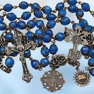 Lady of Fatima & Miraculous Mary Heirloom Rosary | Heritage Bronze| Blue Jade