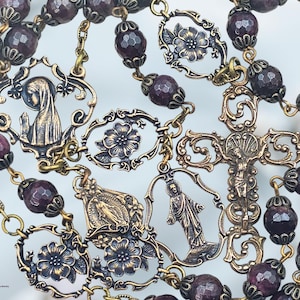 Blessed Virgin Mary & Jesus Floral Heirloom Rosary - Fine Bronze | Red Garnet