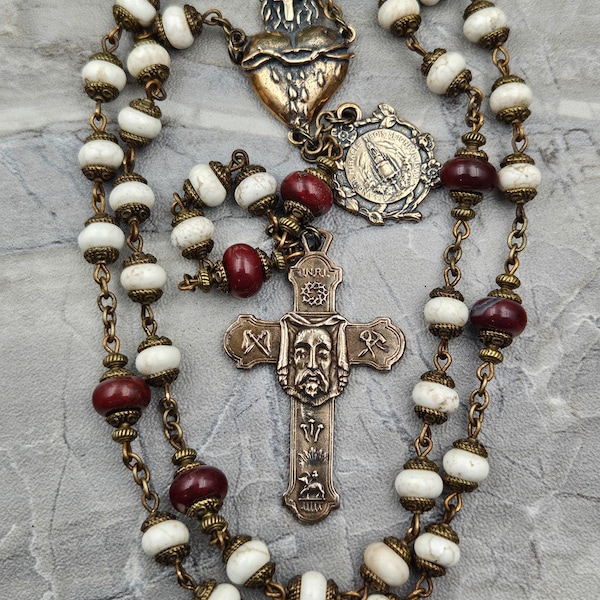 Holy Face of Jesus Sacred Bleeding Heart Vintage Bronze White Howlite Chaplet