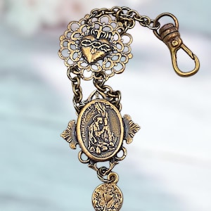 Mary Magdalene & Sacred Heart Heirloom Key Chain, Clip-on Chaplet| Solid Bronze
