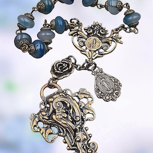 Lady of Lourdes & Miraculous Mary Heirloom Chaplet| Heritage Bronze| Blue Agate