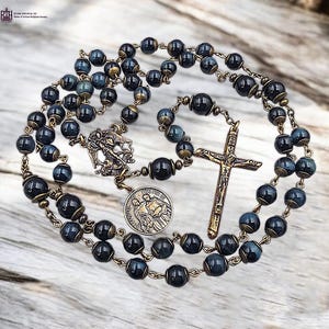 Archangel Michael Raphael Blue Tiger Eye Vintage Bronze Rosary