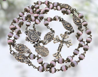 Mary Magdalene & Sacred Heart of Jesus Heirloom Rosary -Bronze| Pink MOP