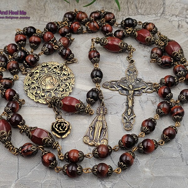 Virgin Mary Queen of Heaven Lourdes Red Tiger Eye Jasper Vintage Bronze Rosary