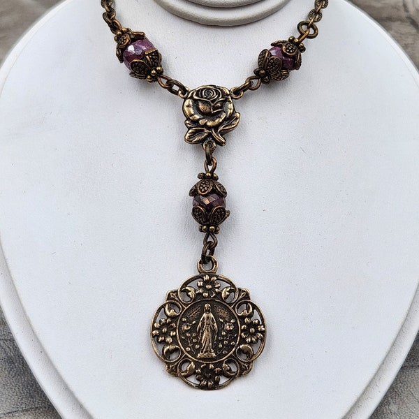 Miraculous Mary Moonstone Bronze Antique Style Catholic Necklace Pendant