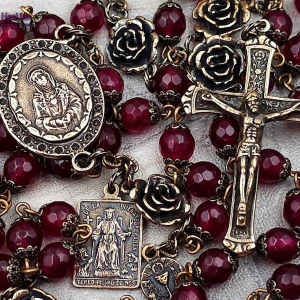 Seven Sorrows Pieta Good Hope Red Agate Vintage Bronze Antique Style Rosary