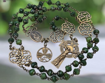 St Patrick & Bridget Celtic Heirloom Rosary-Premium Heritage Bronze | Green Jade