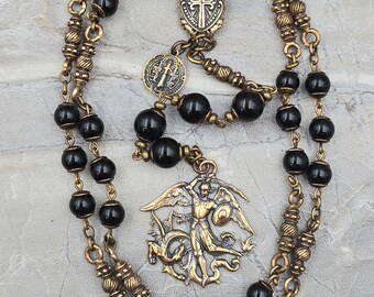 Devotional Archangel Michael St Benedict Black Onyx Vintage Bronze Sleek Chaplet