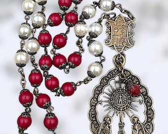 Coroncina per l'adorazione eucaristica con 33 grani / Bronzo antico / Conchiglia di perle rosse e bianche