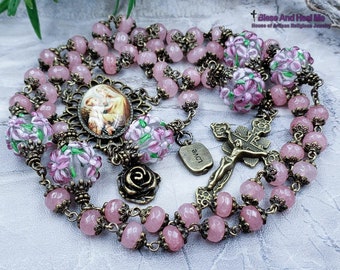 Mother Mary w Jesus Pink Jade Flowers Lampwork Ornate Bronze finish Rosary