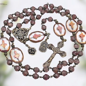 Sacred Immaculate Heart of Jesus & Mary Heirloom Rosary-Bronze |Strawbery Quartz