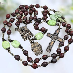 Rosario di famiglia dei Sette Dolori e Corona di Spine - Bronzo antico / Diaspro rosso