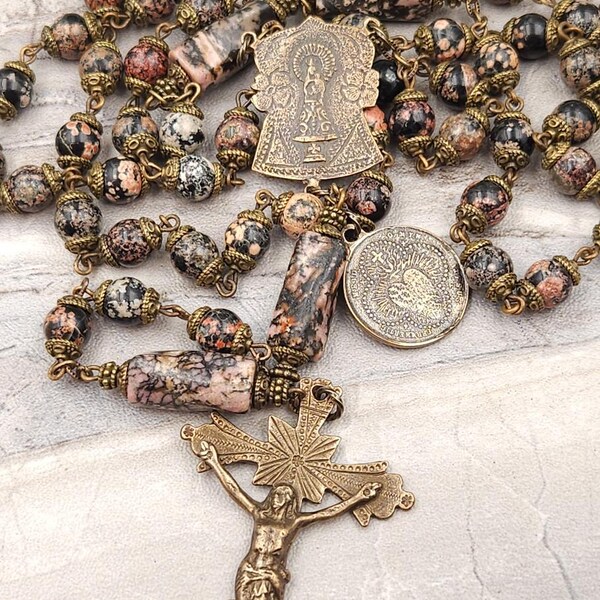 Lady of the Pillar Sacred Heart Jasper Rhodonite Vintage Bronze Rosary