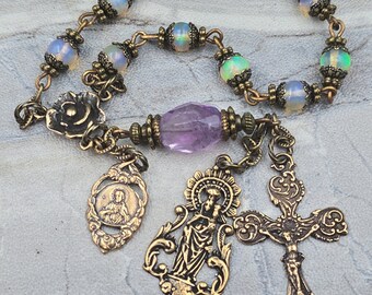 Lady of the Pillar Jesus Chaplet-Fire Opal&Vintage Bronze Prayer Beads