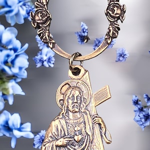 Sacred Heart Jesus Cross Finger Ring Chaplet-Bronze,Floral,Key Chain Convertible