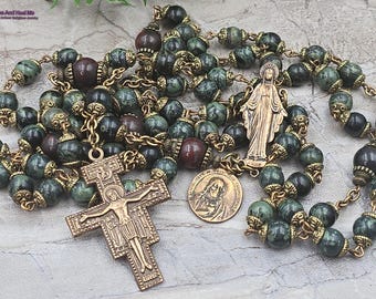 7 Joys of Mary Franciscan Crown Rosary - 7 Decade Vintage Bronze & Green Jasper