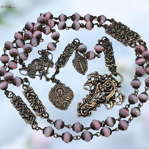 Virgin Mary & Sacred Heart, St Therese, Lilies Heirloom Rosary | Bronze|Pink MOP