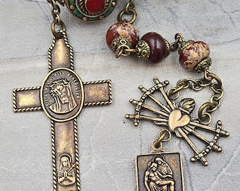 Sieben Schmerzen, Passion Christi & Pieta-Rohschmuck - Bronze, Türkis, roter Jaspis