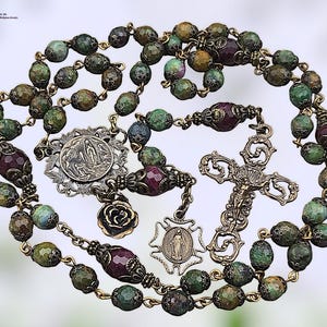 Lourdes & Miraculous Mary Heirloom Rosary | Heritage Bronze| African Ruby
