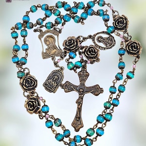 Virgin Mary, Sacred Immaculate & Heart Heirloom Rosary | Bronze| Blue Welo Opal