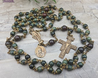 7 Joys of Mary Franciscan Crown Rosary - 7 Decade Vintage Bronze & Green Jasper